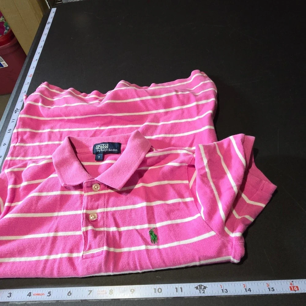 Polo Ralph Lauren Boys Pink Striped Short Sleeve Polo Shirt 7 Preppy Classic